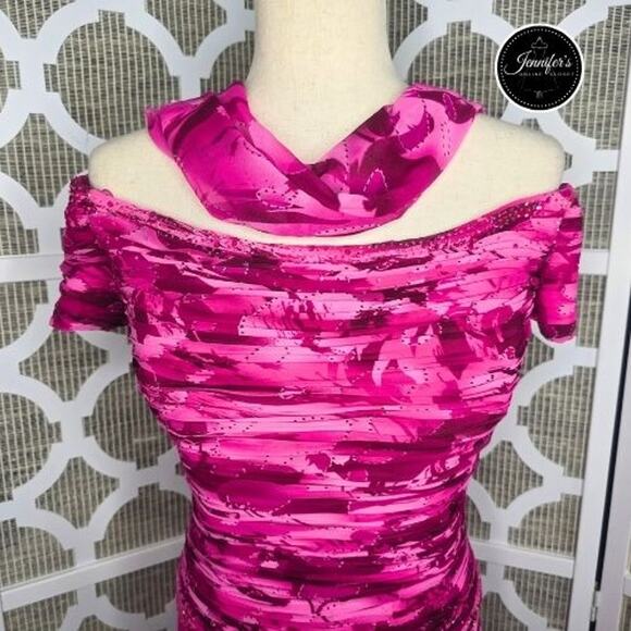 Capri by Mon Cheri Hot Pink Ruched Beaded Bodice A-Line Flared Long Dress 10/12 - Picture 3 of 14